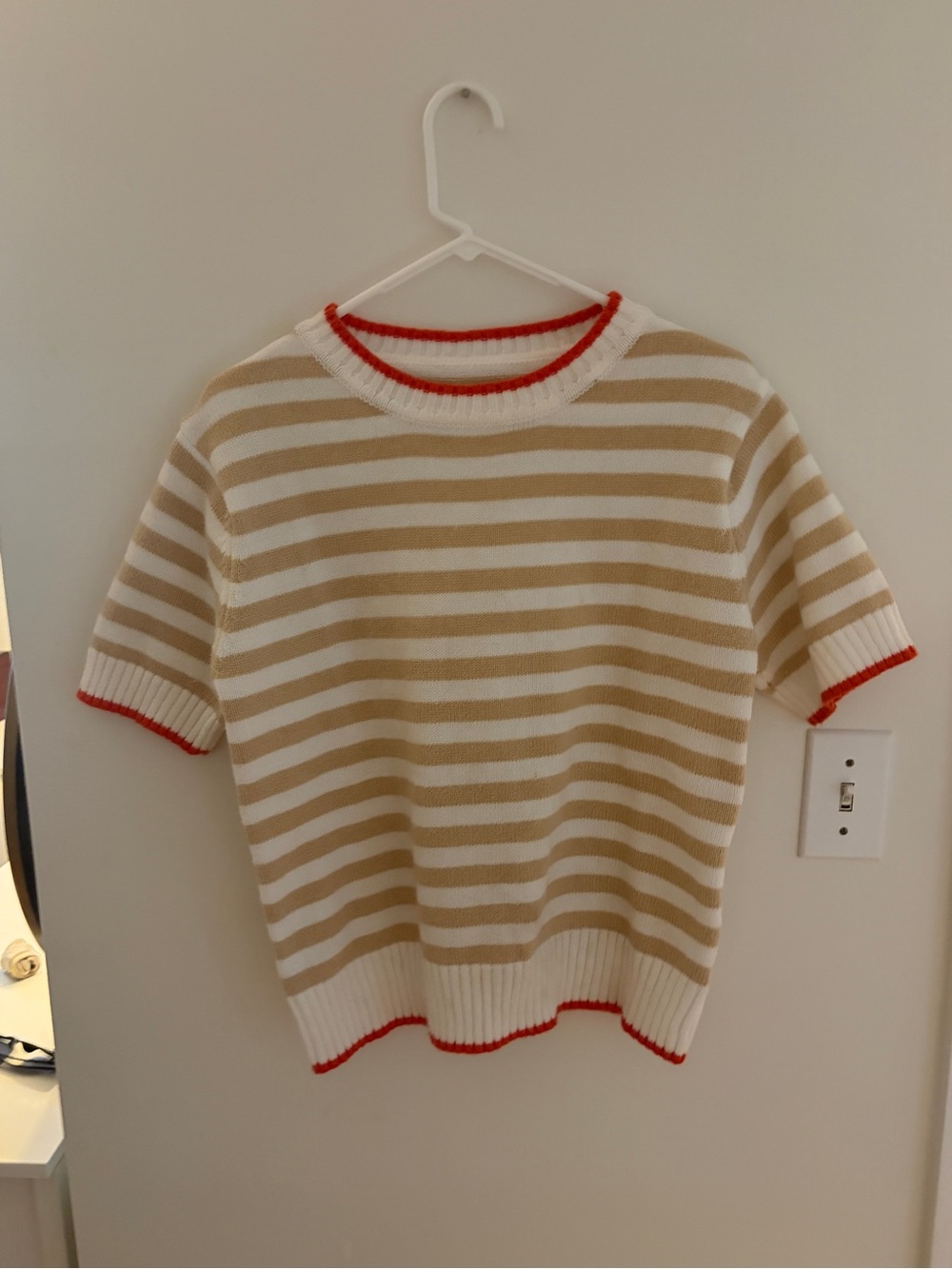 Striped Short-Sleeve Crewneck Sweater in Cream & Tan with Red Trim